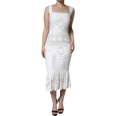 DOLCE & GABBANA Dress White Lace Viscose Bodycon Sheath Midi IT42