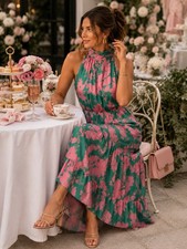 Lulus vibrant pink and green floral halter maxi dress NWT Size S