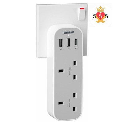 TESSAN Doppelstecker Adapter UK mit 3 USB, 2-fach Multistecker Verlängerungsadapter, 13A