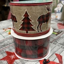2 CHRISTMAS RIBBON 1 REINDEER 1 BLACK RED Plaid Wired Edge 2.5"