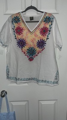 OMJA World top woman s XL White multicolor floral boho 100% cotton shirt