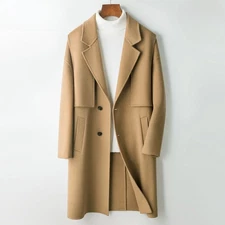 Mens Wool Lapel Collar Single Breasted Mid Long Trench Coat Overcoat Casual Slim