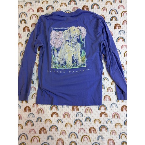 Lauren James Purple Long-Sleeve Tee Puppy Dog Floral Graphic Pocket Shirt S