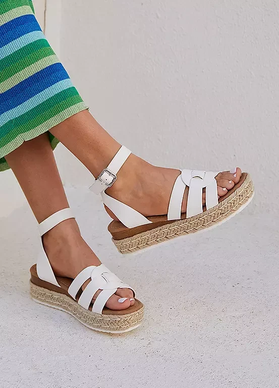 LINZI White Faux Leather Woven Espadrille Flatform Slim Fit UK 4 (f975.1)