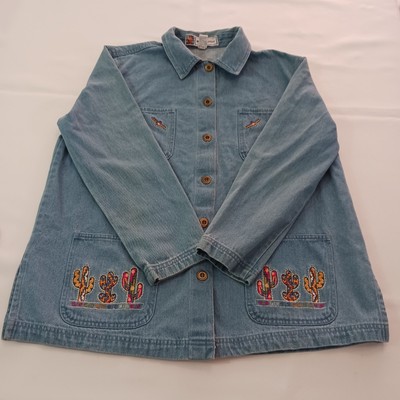 Passion Front Button Jean Denim Jacket  Women s Small Embroidered Cactus Floral