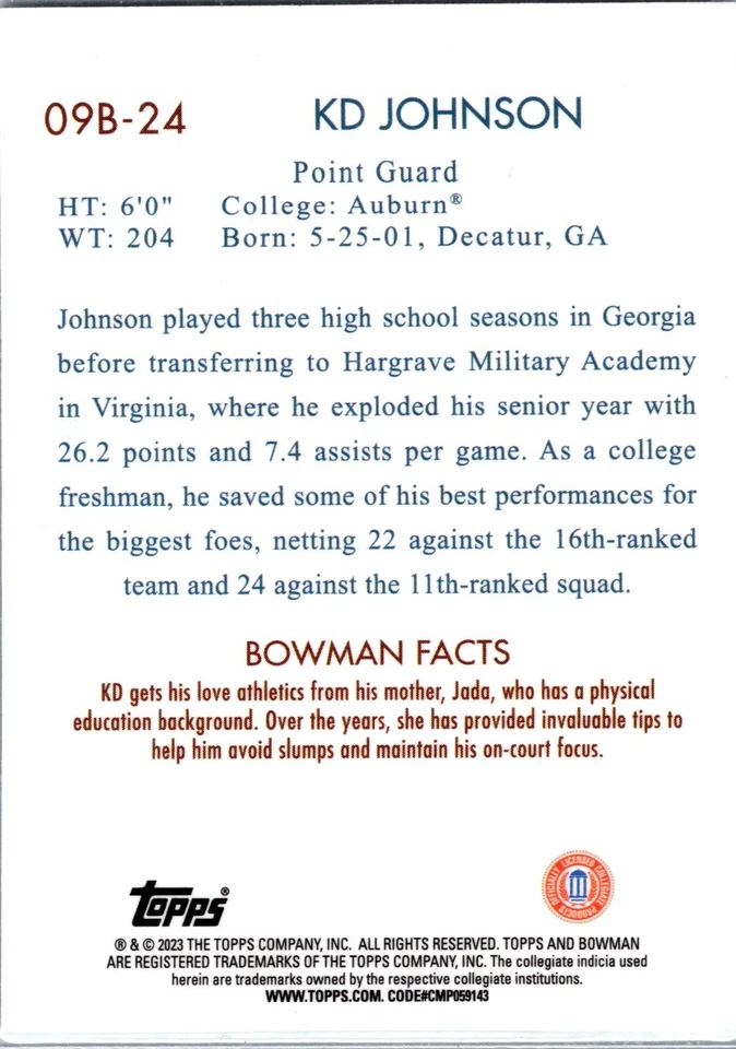 2022-23 Bowman University Chrome #09B-24 KD Johnson 2009 Bowman - Image 2 of 2