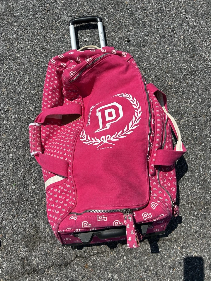 Rare Vintage PINK Victoria's Secret Jumbo Canvas Rolling Duffle Bag Wheelie Y2K - Image 2 of 4