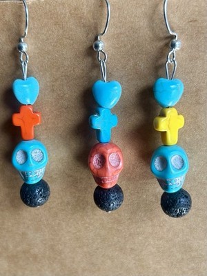 Handcrafted Colorful Skull Cross Bead Dangle Earrings, Punk, Momento Mori, Lent