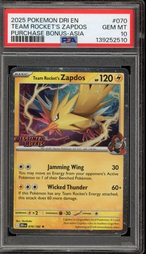 Pokemon Team Rocket's Zapdos Destined Rivals Purch. Bonus Asia Promo #070 PSA 10