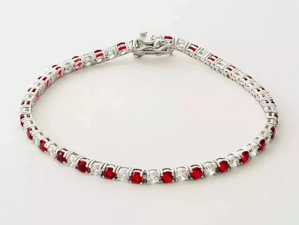3MM Lab Created 8CT Round Ruby Diamond Tennis Bracelet 14K White Gold Plated 7" - Image 3 of 4