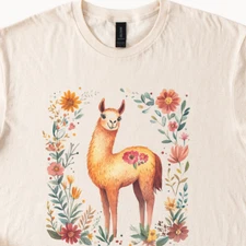 Llama T Shirt beige Whimiscal Boho Animal Design Floral Graphic Shirt Ivory