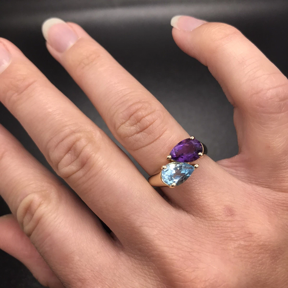 14K SOLID GOLD PEAR SHAPE AQUA BLUE TOPAZ AMETHYST RING ESTATE