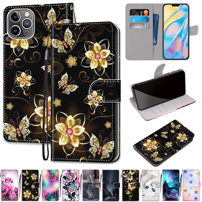 For iPhone 12 13 14 15 Pro Max Magnetic Pattern Leather Wallet Stand Case Cover