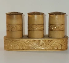Signed Hand made wood spice jars and holder Vintage Carved Set of 3