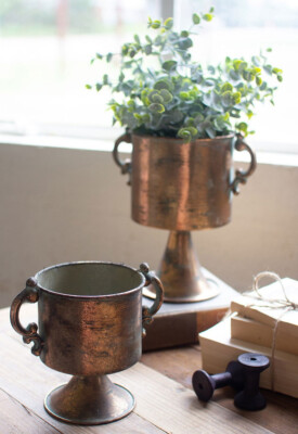 Antique Copper Finish Planters With Handles Flower Pot Pedestal Base ~ Set Of 2
