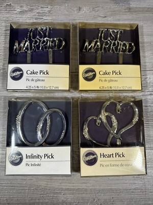 Wilton Cake Pick Wedding Heart Infinity Just Married Lot Of 4 Silver Tone New