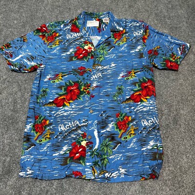Thums Up Shirt Mens Medium Red Blue Hawaiian Aloha Floral Short Sleeve Button Up