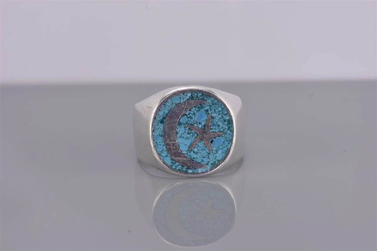 Sterling Silver Blue Turquoise Islam Crescent Star Band Ring Mex