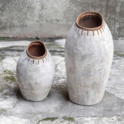 Two Dua Xxl Textured Terracotta Decorative Braided Rattan Vases