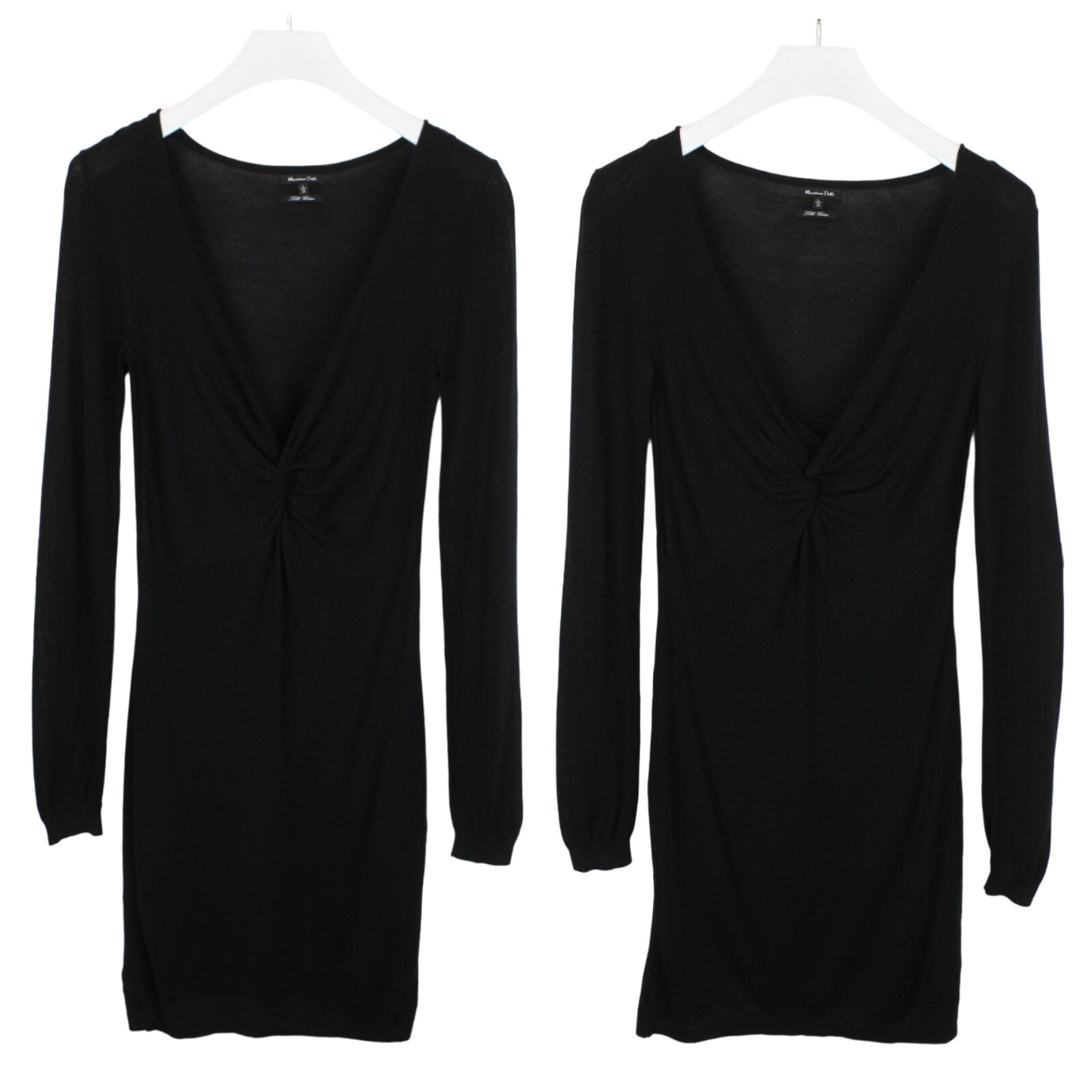 MASSIMO DUTTI Silk-Cotton Dress Women's LARGE Knitted Black Stretchy V Neck