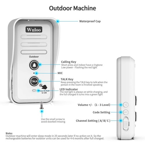Wuloo Wireless Doorbell Intercoms Rechargeable Door Bell for Home 1/2Mile Range - Picture 8 of 9