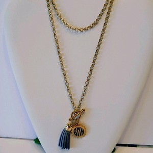 Authentic Statement 34" Bar/Ring Grey Leather Scalloped Disc Pendant Gold Plated Chain