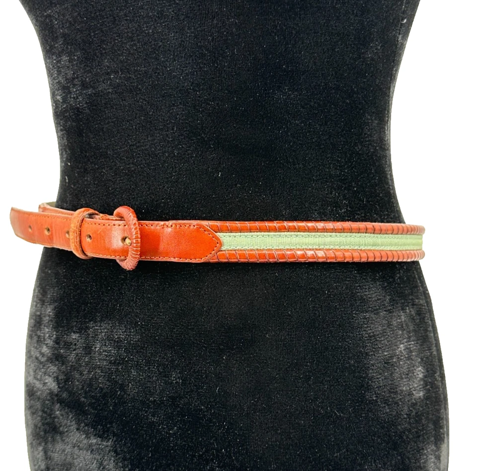 Talbots Womens Green Cotton Fabric Genuine Brown Braided Leather Belt Size Large - Image 4 of 4