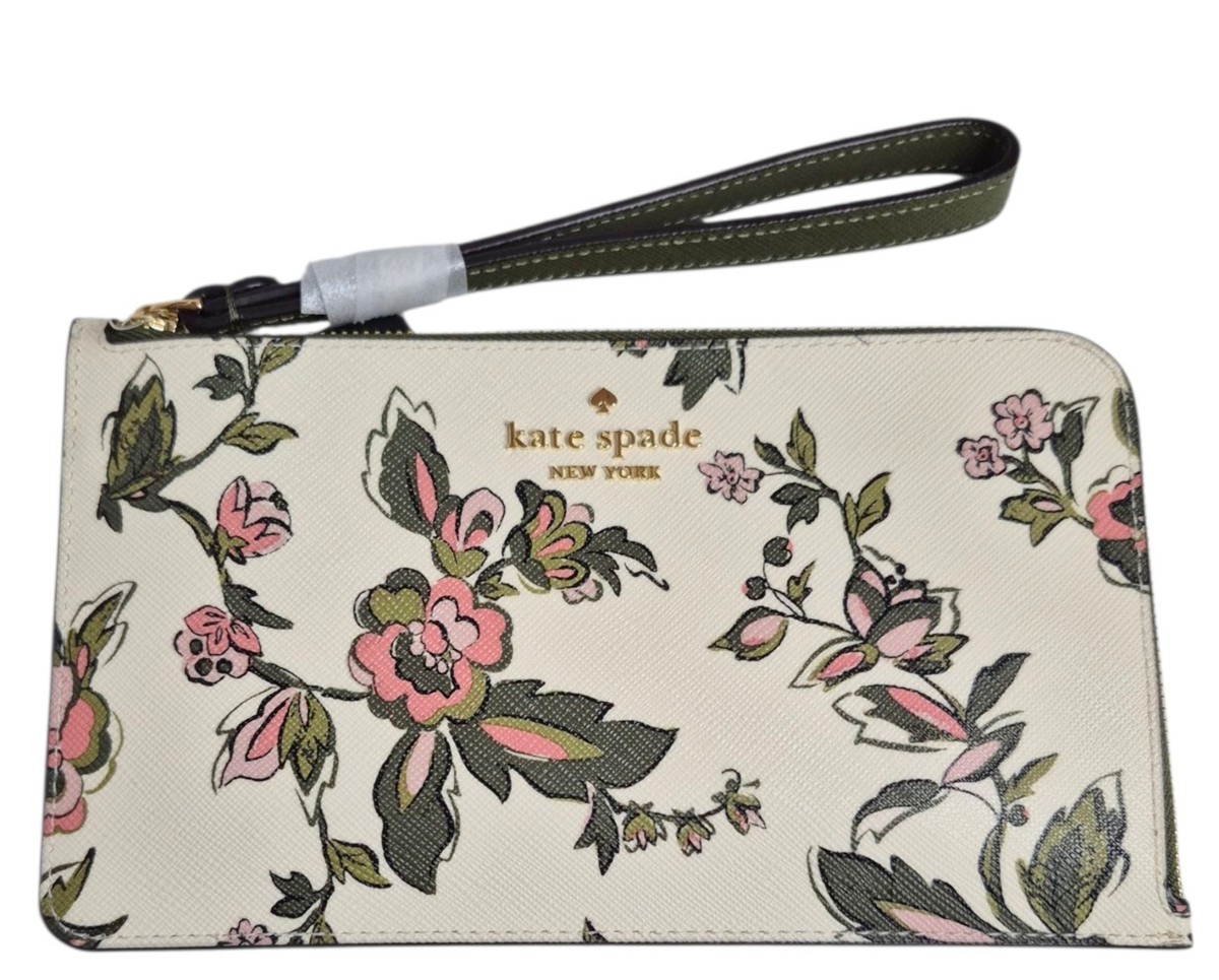 Kate Spade Lucy Floral Medium L-Zip Wristlet Meringue Green Multi