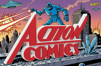 Action Comics - 3D gedrucktes Logo für Schreibtisch oder Wandhalterung. 150mm breit*