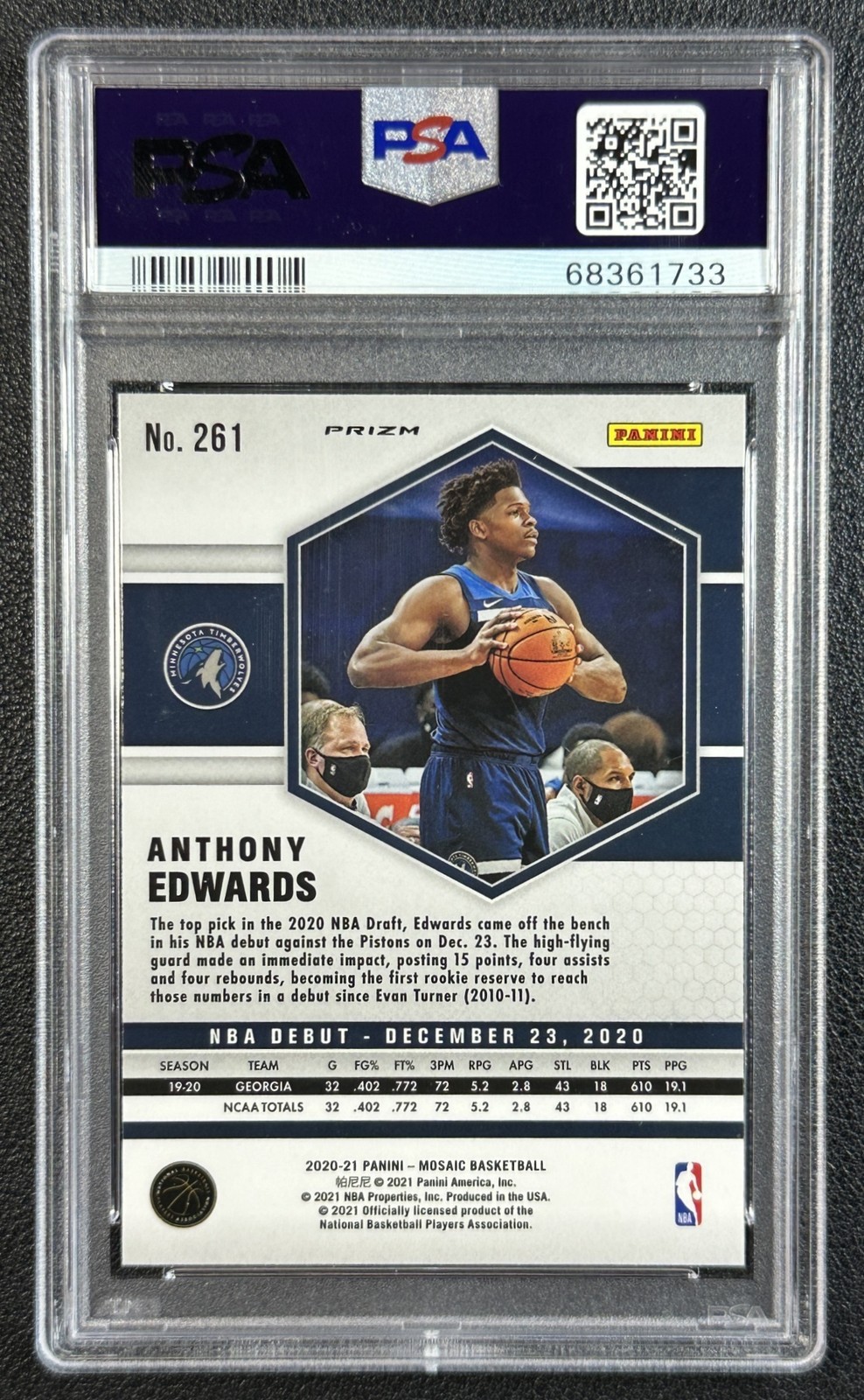 ANTHONY EDWARDS PSA 10 2020 PANINI MOSAIC #261 REACTIVE YELLOW RC NBA DEBUT 1733 view 2