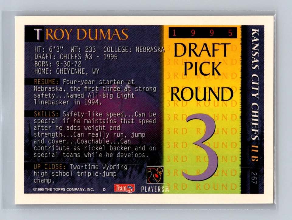 Troy Dumas (RC) Kansas City Chiefs #267 1995 Bowman Topps Football - Image 2 of 2