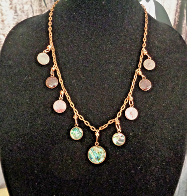 Artisan crafted, 24  copper charm necklace, abalone,garnet, and resin charms
