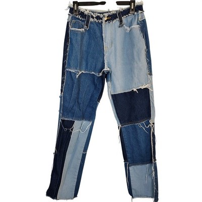 Hippy Patchwork Distressed Denim Jeans Blue Multi-Tone Raw Hem Size S US 4