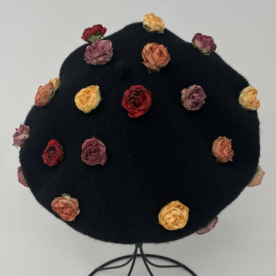 Vintage Studio Kokin 100% Wool Black Beret PRT Ultrabasque Czechoslovakia Floral - Image 2 of 4