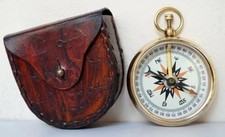 Antique Brass Compass With Leather Case Nautical Marine Collectible Nautical