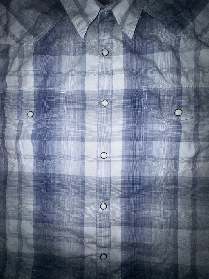Camisa a Presión Lucky Brand Perla Para Hombre XL Western Cuadros Manga Corta Azul Blanco Foto 2 de 4