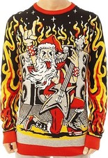 Ugly Christmas Sweater Unisex Rock  Roll Santa Guitar Flames Jumper