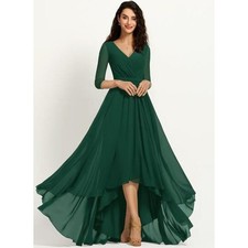 JJ's House Hunter Green Chiffon V Neck Pleated Hi-lo Bridesmaid Formal Gown Sz 6