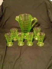 Uranium Glass Art Set 1 Pitcher and 6 Cups