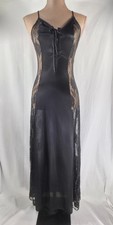 VTG Black Satin Slip Dress LACE SIDE PANELS Lingerie MED. Gown 98" SWEEP so SEXY