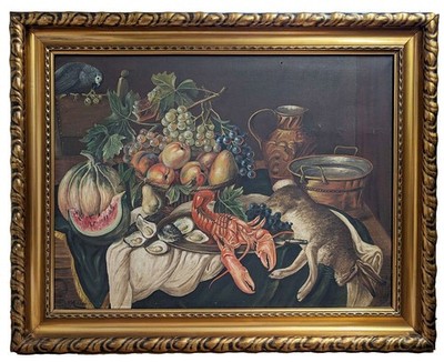 H. Müller - Stillleben Hummer Hase Jagd Obst Papagei Melone Öl Gemälde 1930