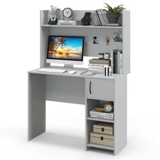 Computer Desk Home Office Desk w/ Raised Display Shelf & 2 Open Shelves Gray