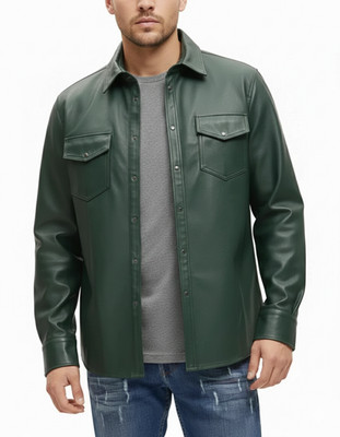 Wear Classic Shirt Casual Leather Men's Handmade Stylish Green Lambskin Formal