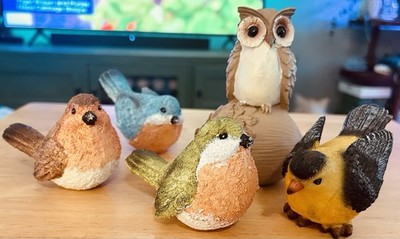 Textured Resin Bird Figurines, 3 Songbirds, 1 Goldfinch, & 1 Owl On an Acorn