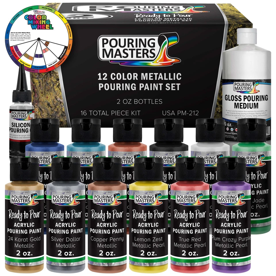 POURING MASTERS 12 Color Metallic Ready to Pour Acrylic Pouring Paint Set High Flow 2oz Bottles