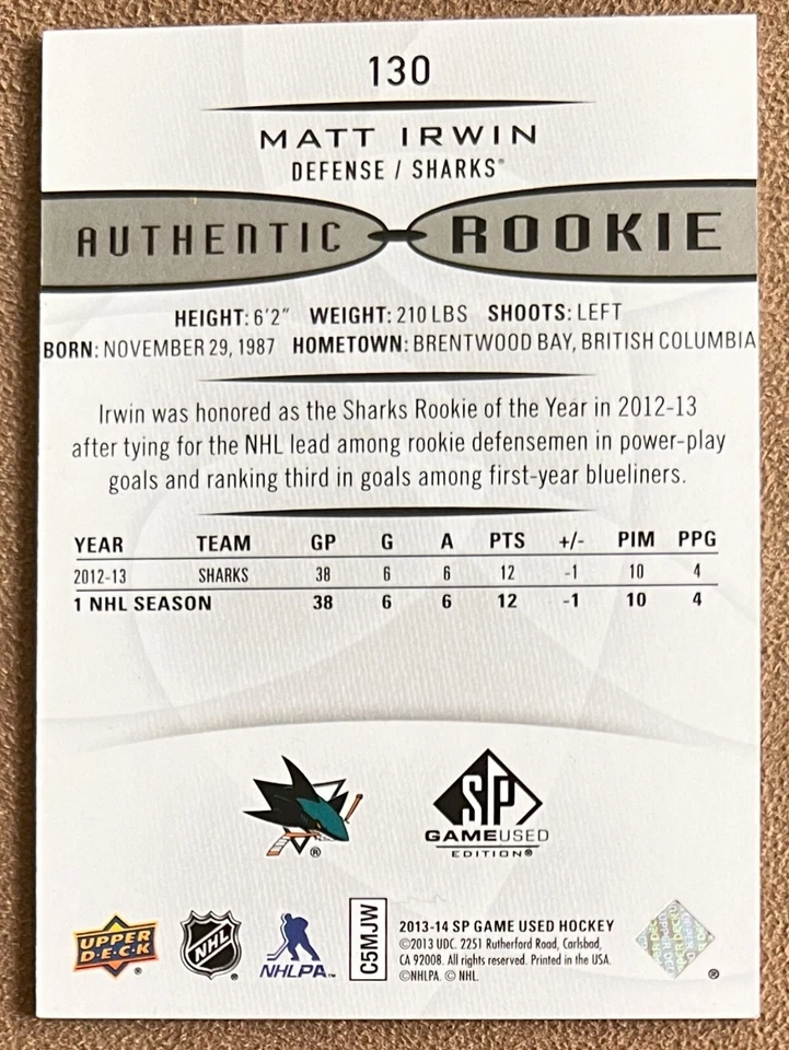 Matt Irwin 2013-14 Upper Deck SP Game Used Rookie #130 /52 San Jose Sharks SP RC - Image 2 of 2