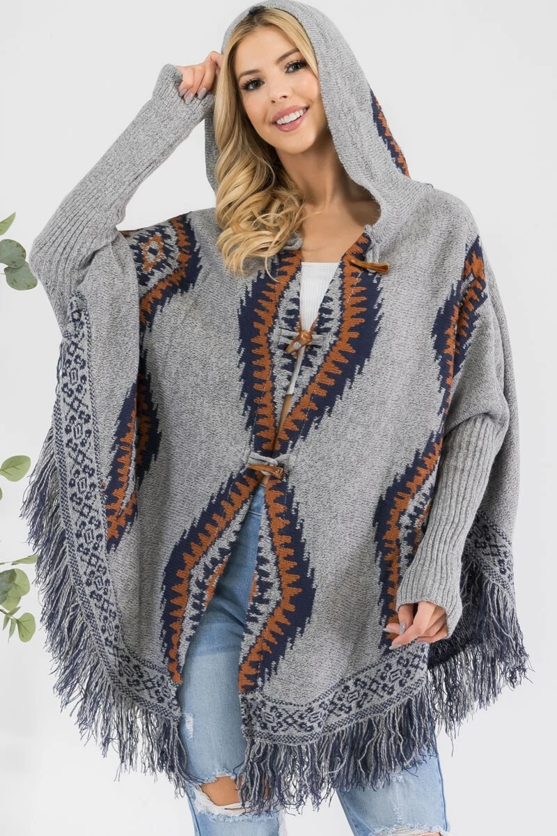 Aztec Pattern Hooded Knit Poncho Cardi for Women