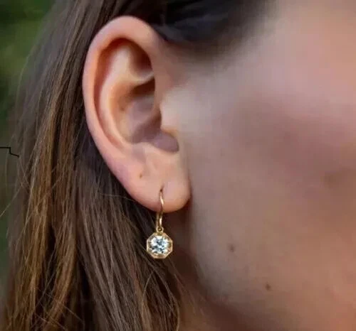 2Ct Round Cut Lab Created Diamond Drop & Dangle Earrings 14k Yellow Gold Plated - Image 2 of 3