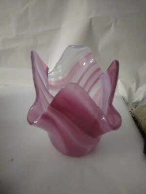 Studio Art Glass Handkerchief Vase Candle Holder Bowl Cranberry Purple Swirl