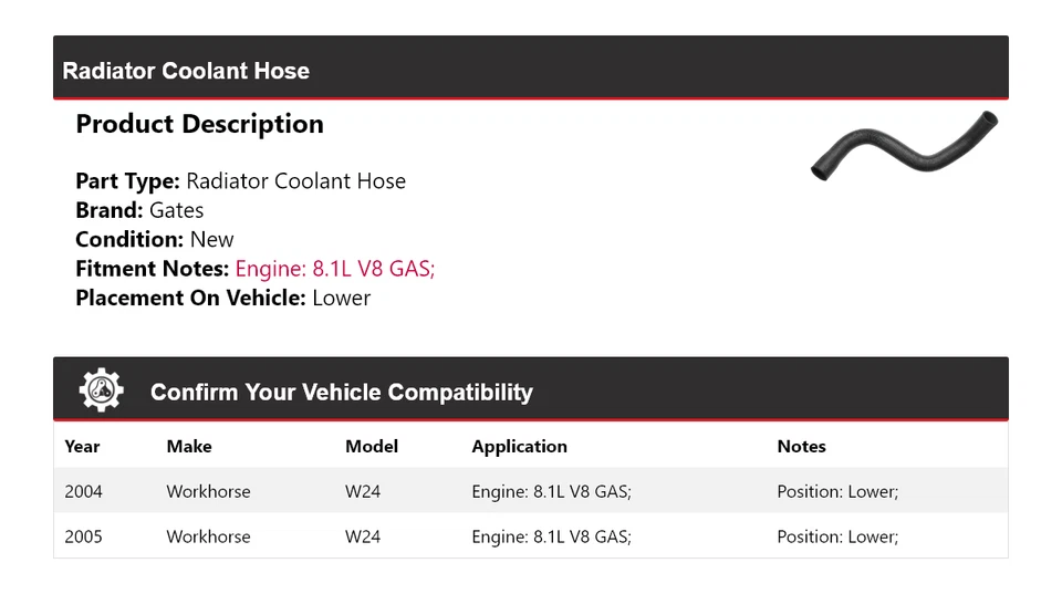 Manguera de refrigerante de radiador de gas Workhorse W24 2004-2005 8,1 L V8 puertas inferiores Foto 2 de 4